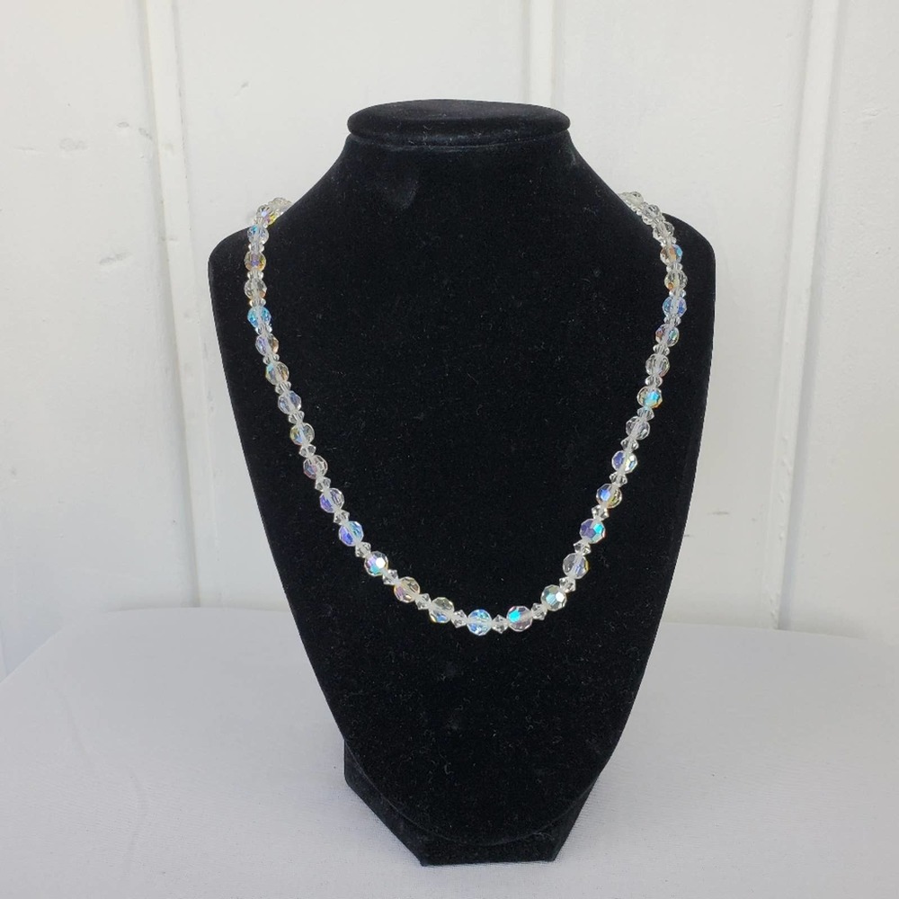 Vintage Crystal Necklace Single Strand Aurora Borealis Fish Hook Clasp